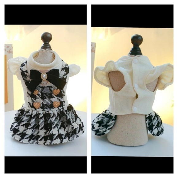 Dog Dress Black & Cream Jumper with Gold Buttons And Black Bow with Pearl - Picture 1 of 16